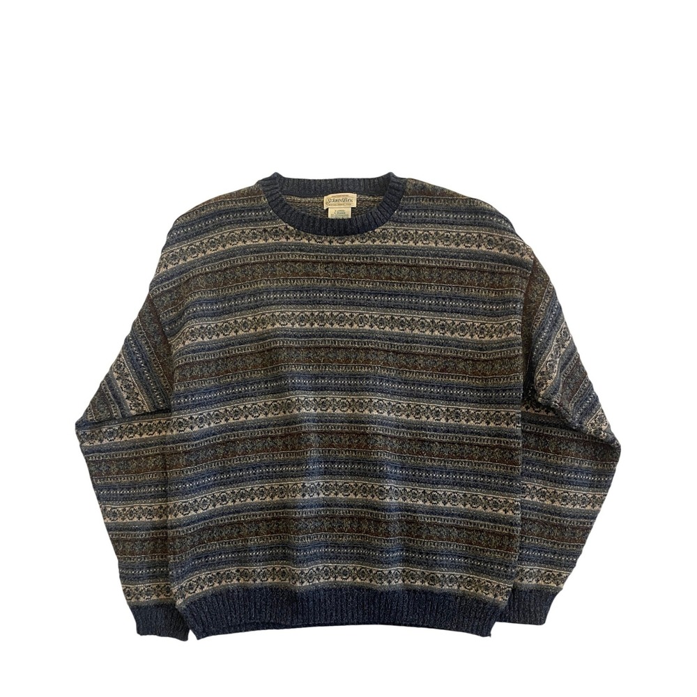 Vintage Fair Isle Crewneck Knit Sweater Blue Brown Striped Size XL St Johns Bay